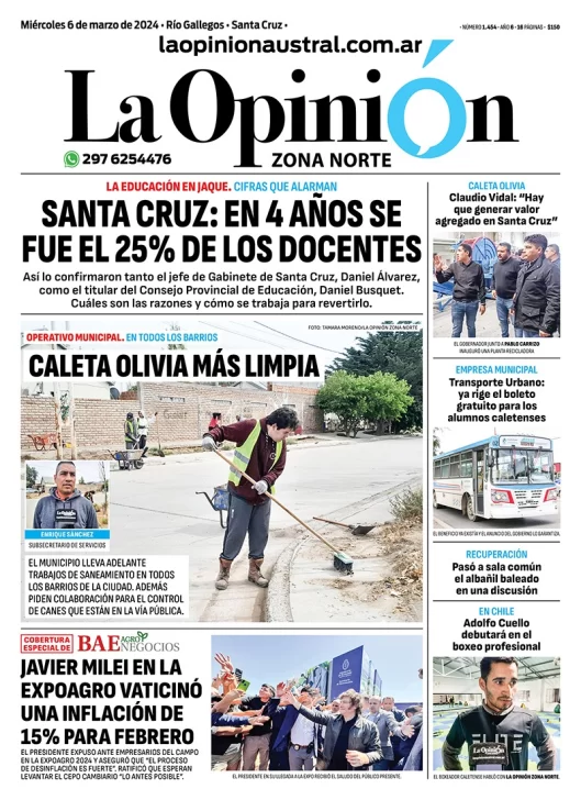 Diario La Opinión Zona Norte tapa edición impresa del miércoles 6 de marzo de 2024, Caleta Olivia, Santa Cruz, Argentina