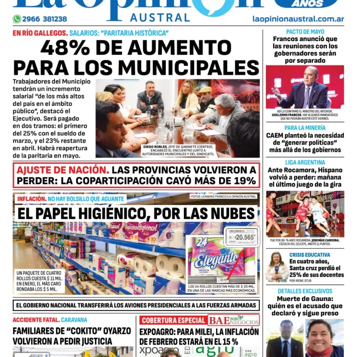 Diario La Opinión Austral tapa edición impresa del miércoles 6 de marzo de 2024, Río Gallegos, Santa Cruz, Argentina