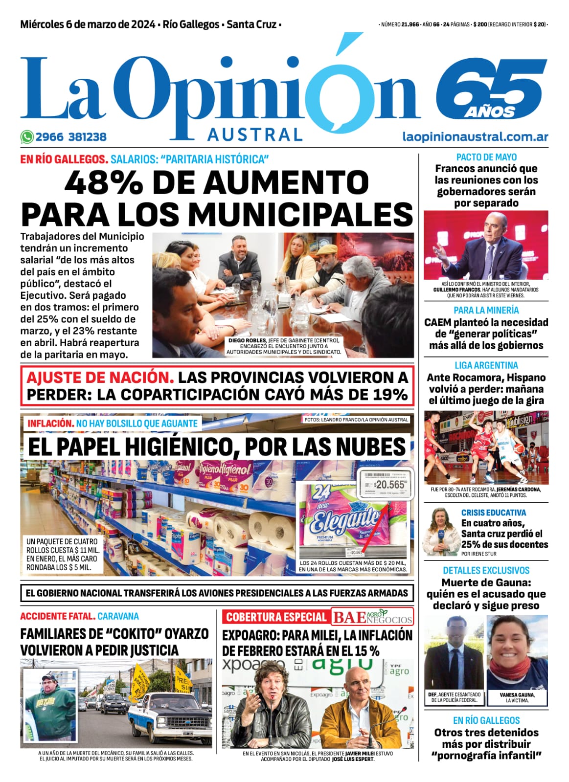 Diario La Opinión Austral tapa edición impresa del miércoles 6 de marzo de 2024, Río Gallegos, Santa Cruz, Argentina