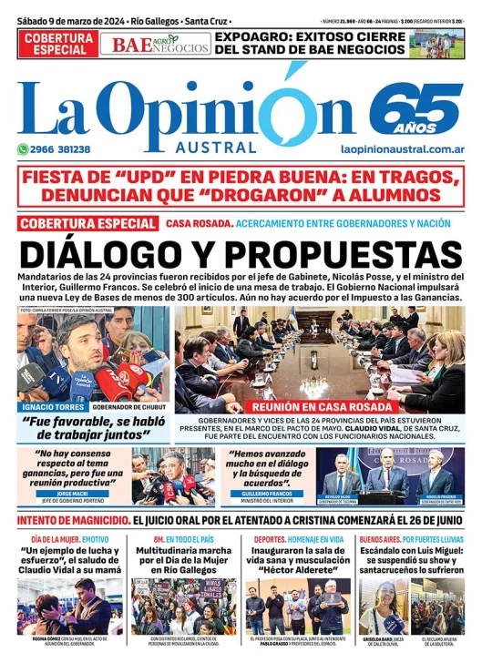 Diario La Opinión Austral tapa edición impresa del sábado 9 de marzo de 2024, Río Gallegos, Santa Cruz, Argentina