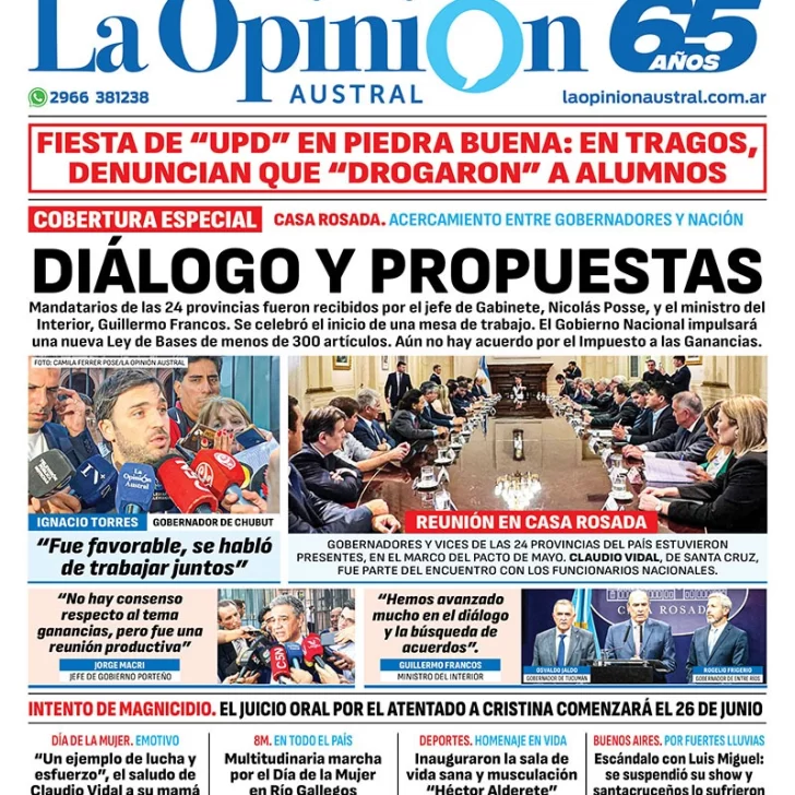 Diario La Opinión Austral tapa edición impresa del sábado 9 de marzo de 2024, Río Gallegos, Santa Cruz, Argentina