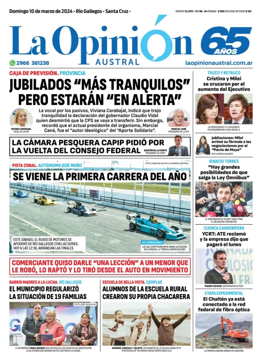 Diario La Opinión Austral tapa edición impresa del domingo 10 de marzo de 2024, Río Gallegos, Santa Cruz, Argentina