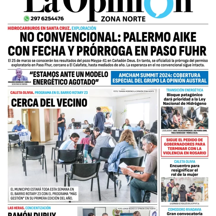 Diario La Opinión Zona Norte tapa edición impresa del martes 12 de marzo de 2024, Caleta Olivia, Santa Cruz, Argentina Diario La Opinión Zona Norte tapa edición impresa del martes 12 de marzo de 2024, Caleta Olivia, Santa Cruz, Argentina