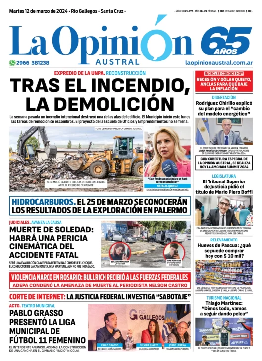 Diario La Opinión Austral tapa edición impresa del martes 12 de marzo de 2024, Río Gallegos, Santa Cruz, Argentina