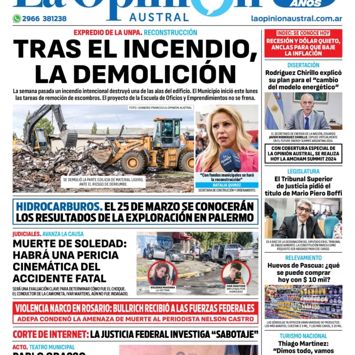 Diario La Opinión Austral tapa edición impresa del martes 12 de marzo de 2024, Río Gallegos, Santa Cruz, Argentina