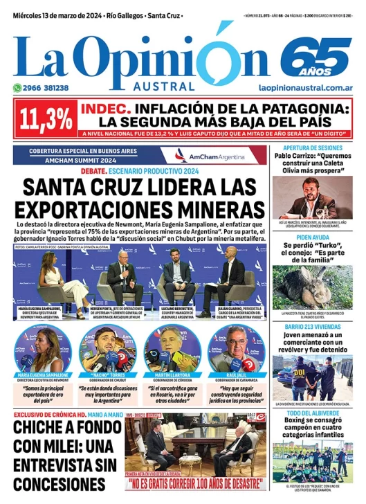 Diario La Opinión Austral tapa edición impresa del miércoles 13 de marzo de 2024, Río Gallegos, Santa Cruz, Argentina