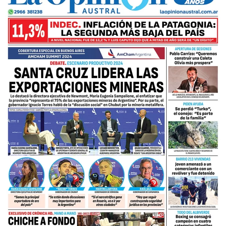 Diario La Opinión Austral tapa edición impresa del miércoles 13 de marzo de 2024, Río Gallegos, Santa Cruz, Argentina