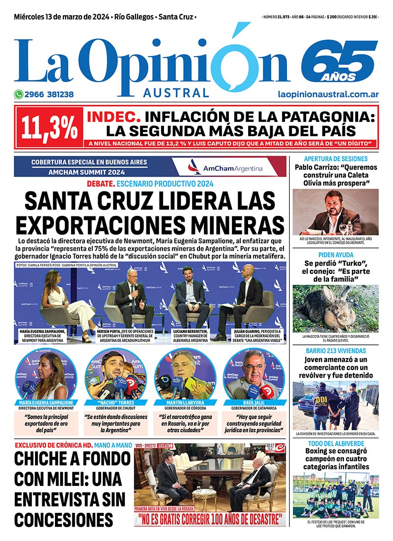 Diario La Opinión Austral tapa edición impresa del miércoles 13 de marzo de 2024, Río Gallegos, Santa Cruz, Argentina