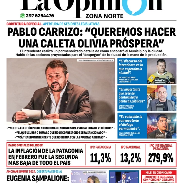 Diario La Opinión Zona Norte tapa edición impresa del miércoles 13 de marzo de 2024, Caleta Olivia, Santa Cruz, Argentina Diario La Opinión Zona Norte tapa edición impresa del miércoles 13 de marzo de 2024, Caleta Olivia, Santa Cruz, Argentina