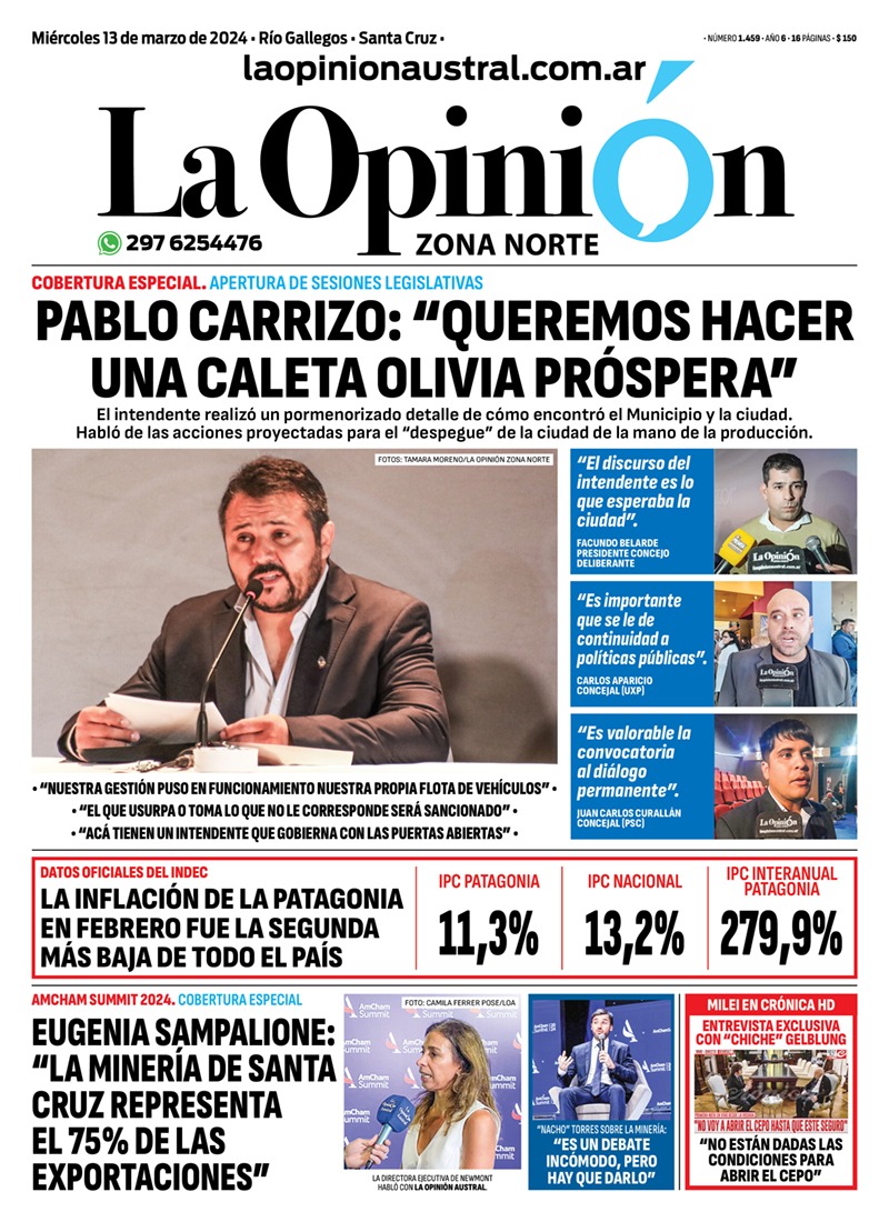 Diario La Opinión Zona Norte tapa edición impresa del miércoles 13 de marzo de 2024, Caleta Olivia, Santa Cruz, Argentina Diario La Opinión Zona Norte tapa edición impresa del miércoles 13 de marzo de 2024, Caleta Olivia, Santa Cruz, Argentina