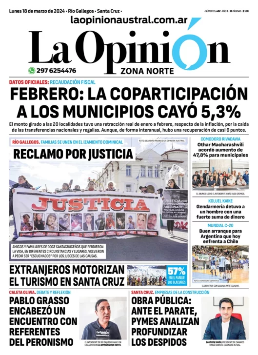 Diario La Opinión Zona Norte tapa edición impresa del lunes 18 de marzo de 2024, Caleta Olivia, Santa Cruz, Argentina