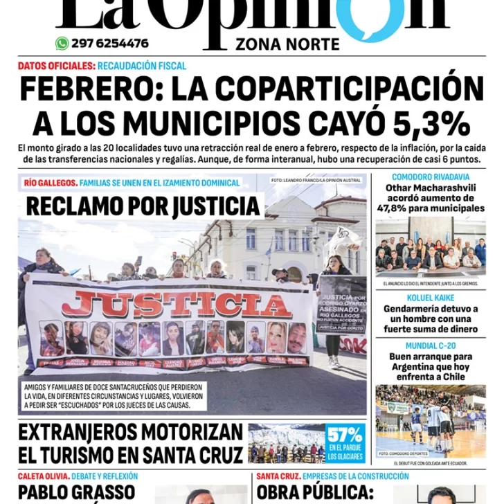 Diario La Opinión Zona Norte tapa edición impresa del lunes 18 de marzo de 2024, Caleta Olivia, Santa Cruz, Argentina