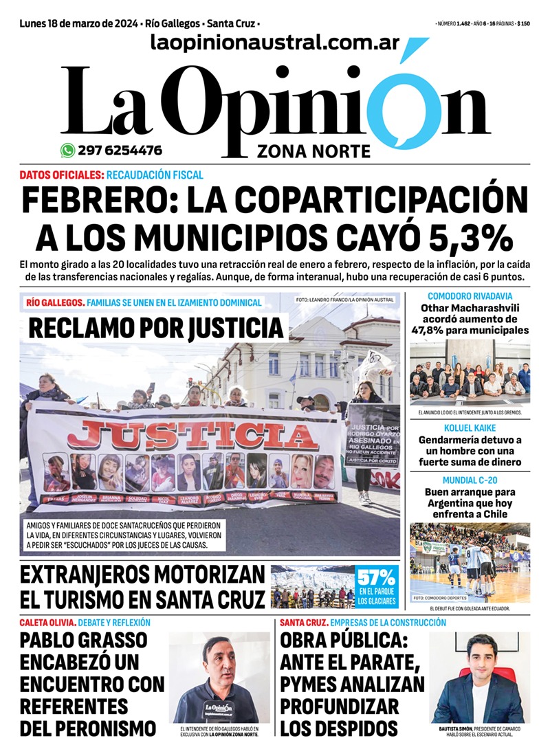 Diario La Opinión Zona Norte tapa edición impresa del lunes 18 de marzo de 2024, Caleta Olivia, Santa Cruz, Argentina