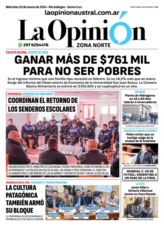 Diario La Opinión Zona Norte tapa edición impresa del miércoles 20 de marzo de 2024, Caleta Olivia, Santa Cruz, Argentina