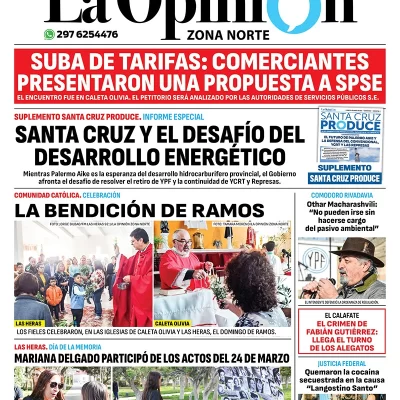 Diario La Opinión Zona Norte tapa edición impresa del lunes 25 de marzo de 2024, Caleta Olivia, Santa Cruz, Argentina