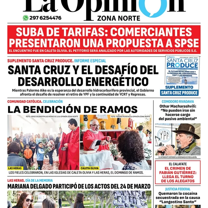 Diario La Opinión Zona Norte tapa edición impresa del lunes 25 de marzo de 2024, Caleta Olivia, Santa Cruz, Argentina Diario La Opinión Zona Norte tapa edición impresa del lunes 25 de marzo de 2024, Caleta Olivia, Santa Cruz, Argentina