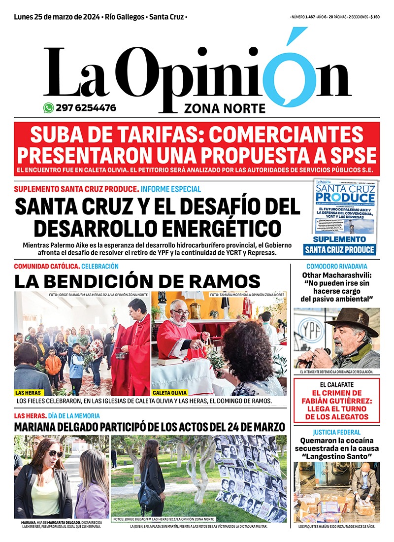 Diario La Opinión Zona Norte tapa edición impresa del lunes 25 de marzo de 2024, Caleta Olivia, Santa Cruz, Argentina Diario La Opinión Zona Norte tapa edición impresa del lunes 25 de marzo de 2024, Caleta Olivia, Santa Cruz, Argentina