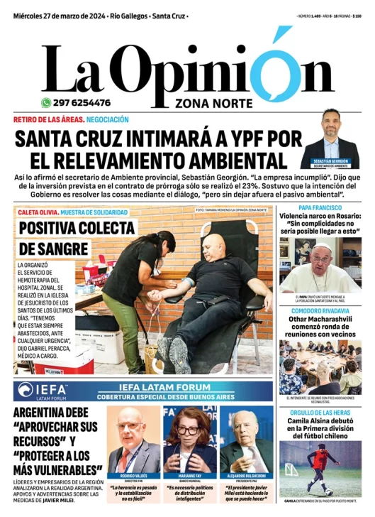 Diario La Opinión Zona Norte tapa edición impresa del miércoles 27 de marzo de 2024, Caleta Olivia, Santa Cruz, Argentina