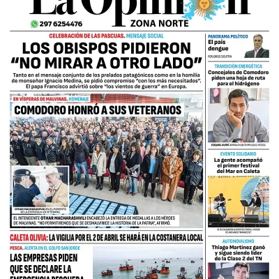 Diario La Opinión Zona Norte tapa edición impresa del lunes 1 de abril de 2024, Caleta Olivia, Santa Cruz, Argentina