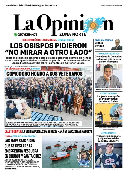 Diario La Opinión Zona Norte tapa edición impresa del lunes 1 de abril de 2024, Caleta Olivia, Santa Cruz, Argentina