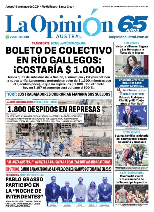 Diario La Opinión Austral tapa edición impresa del jueves 14 de marzo de 2024, Río Gallegos, Santa Cruz, Argentina