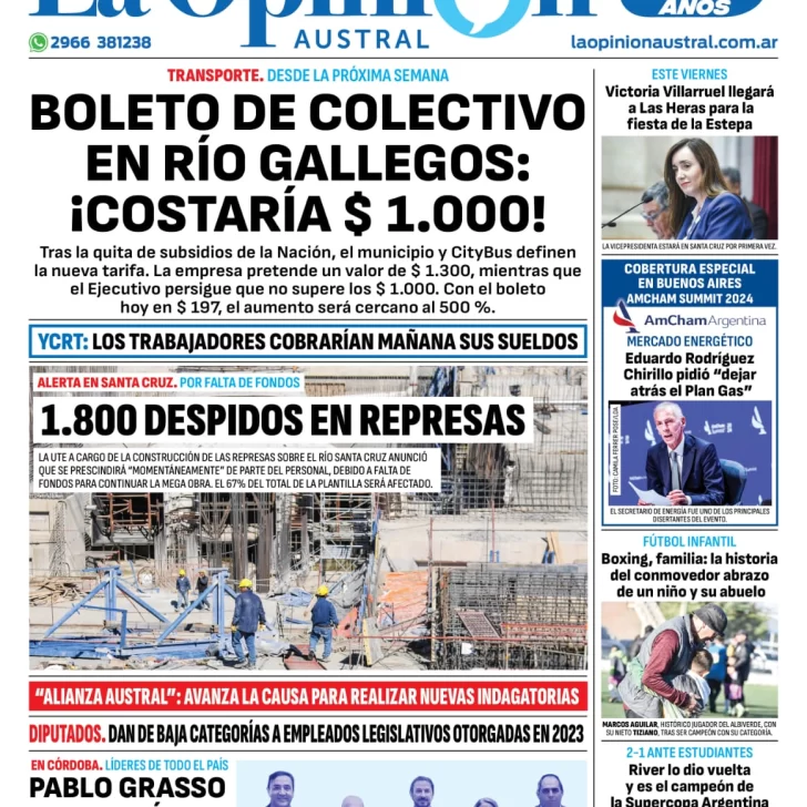 Diario La Opinión Austral tapa edición impresa del jueves 14 de marzo de 2024, Río Gallegos, Santa Cruz, Argentina