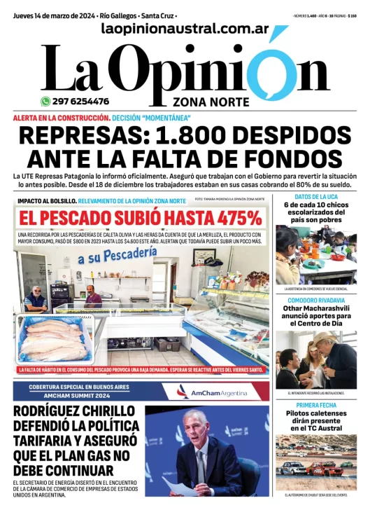 Diario La Opinión Zona Norte tapa edición impresa del jueves 14 de marzo de 2024, Caleta Olivia, Santa Cruz, Argentina