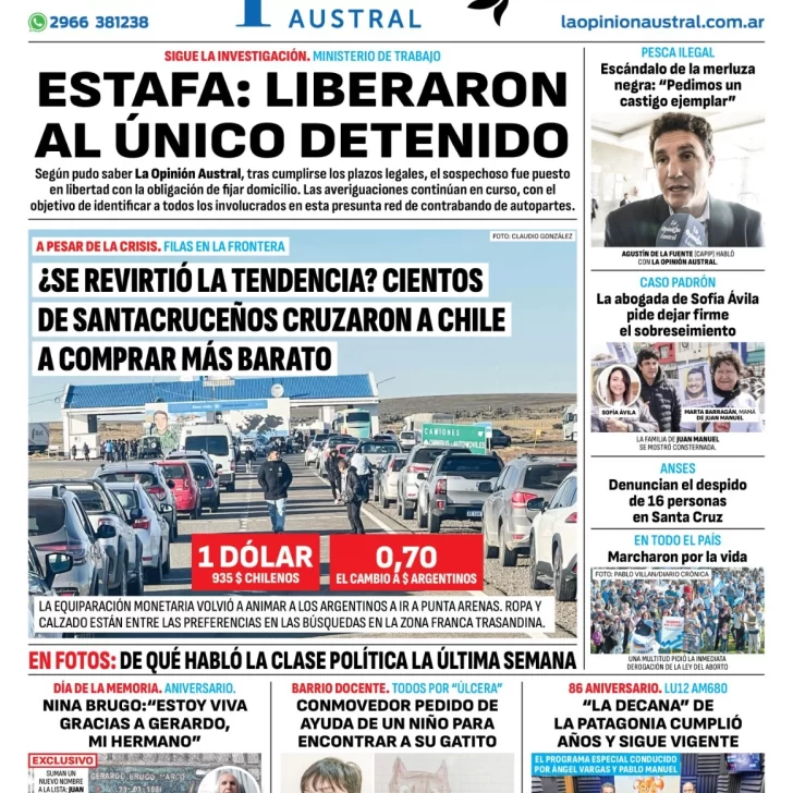 Diario La Opinión Austral tapa edición impresa del domingo 24 de marzo de 2024, Río Gallegos, Santa Cruz, Argentina