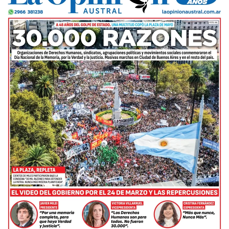 Tapa especial de La Opinión Austral, 30.000 razones