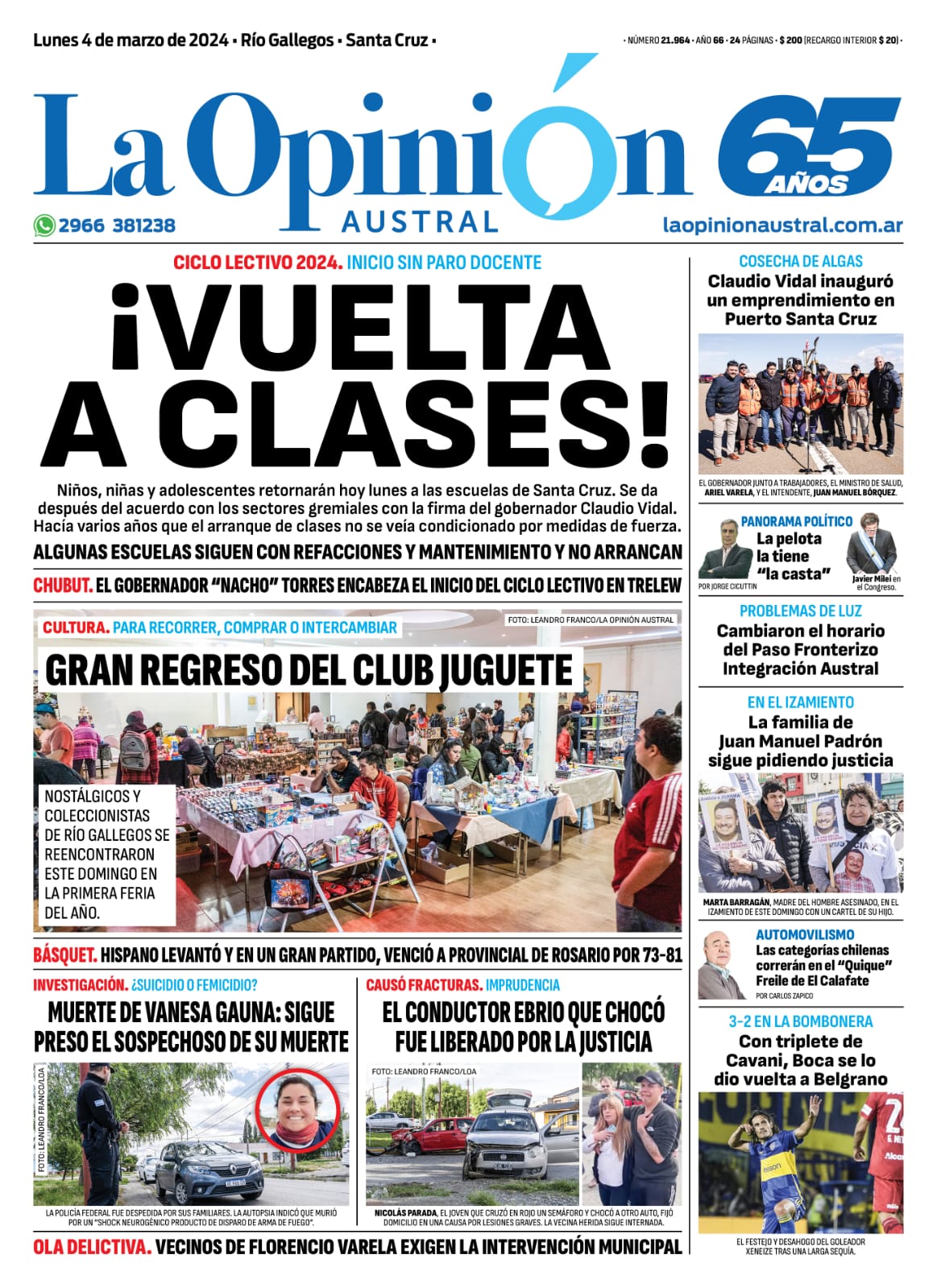 Diario La Opinión Austral tapa edición impresa del lunes 4 de marzo de 2024, Río Gallegos, Santa Cruz, Argentina