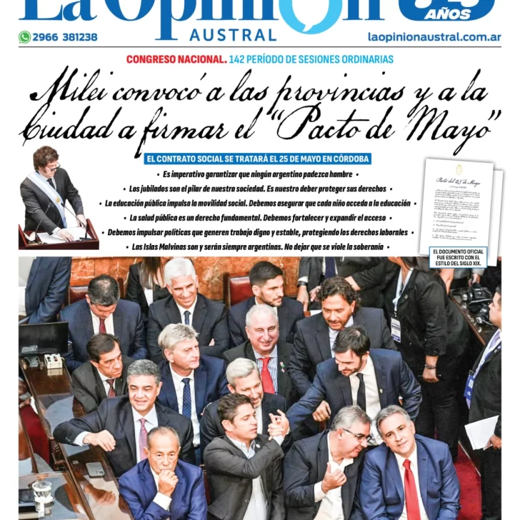 Tapa Especial de La Opinión Austral, apertura del 142 período de sesiones ordinarias