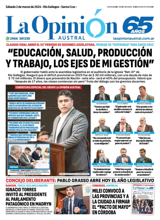 Diario La Opinión Austral tapa edición impresa del sábado 2 de marzo de 2024, Río Gallegos, Santa Cruz, Argentina