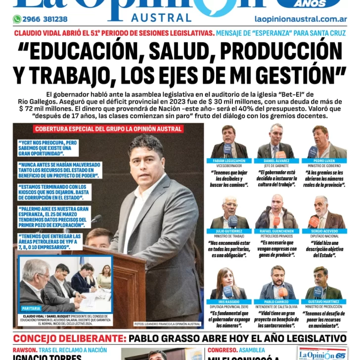 Diario La Opinión Austral tapa edición impresa del sábado 2 de marzo de 2024, Río Gallegos, Santa Cruz, Argentina