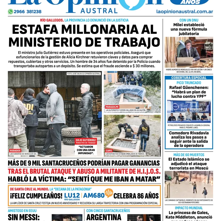 Diario La Opinión Austral tapa edición impresa del sábado 23 de marzo de 2024, Río Gallegos, Santa Cruz, Argentina