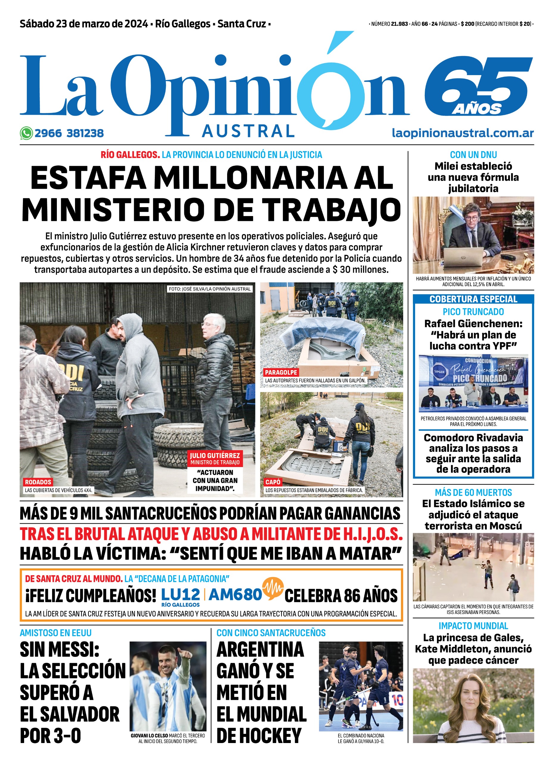 Diario La Opinión Austral tapa edición impresa del sábado 23 de marzo de 2024, Río Gallegos, Santa Cruz, Argentina