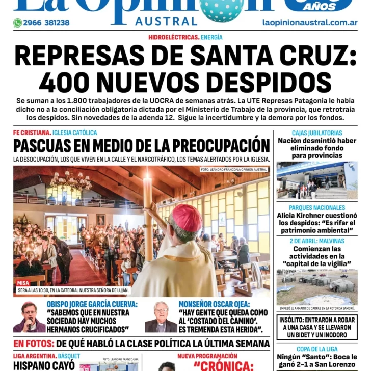 Diario La Opinión Austral tapa edición impresa del domingo 31 de marzo de 2024, Río Gallegos, Santa Cruz, Argentina