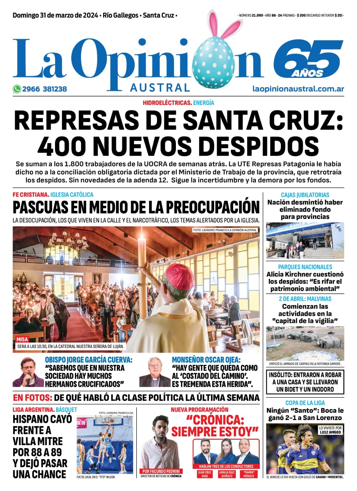 Diario La Opinión Austral tapa edición impresa del domingo 31 de marzo de 2024, Río Gallegos, Santa Cruz, Argentina