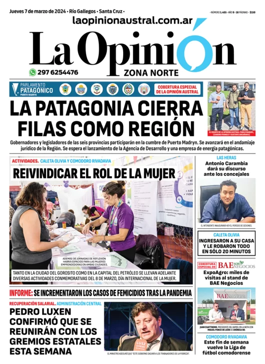 Diario La Opinión Zona Norte tapa edición impresa del jueves 7 de marzo de 2024, Caleta Olivia, Santa Cruz, Argentina