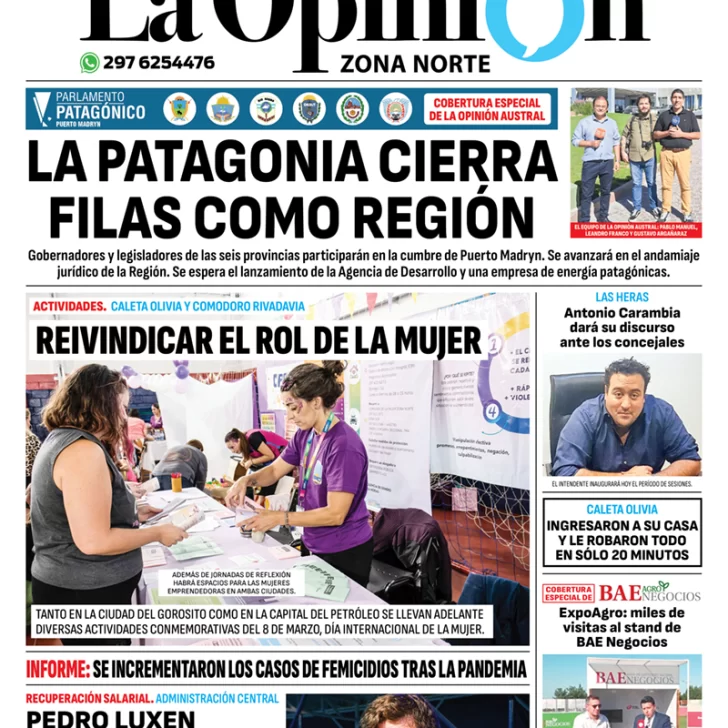 Diario La Opinión Zona Norte tapa edición impresa del jueves 7 de marzo de 2024, Caleta Olivia, Santa Cruz, Argentina