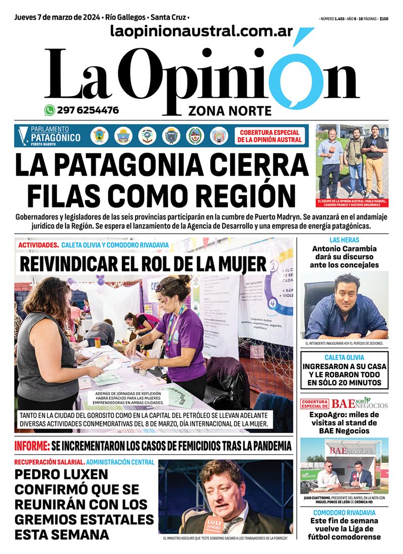 Diario La Opinión Zona Norte tapa edición impresa del jueves 7 de marzo de 2024, Caleta Olivia, Santa Cruz, Argentina