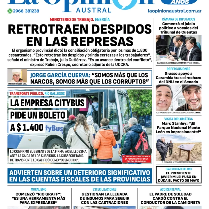 Diario La Opinión Austral tapa edición impresa del sábado 16 de marzo de 2024, Río Gallegos, Santa Cruz, Argentina