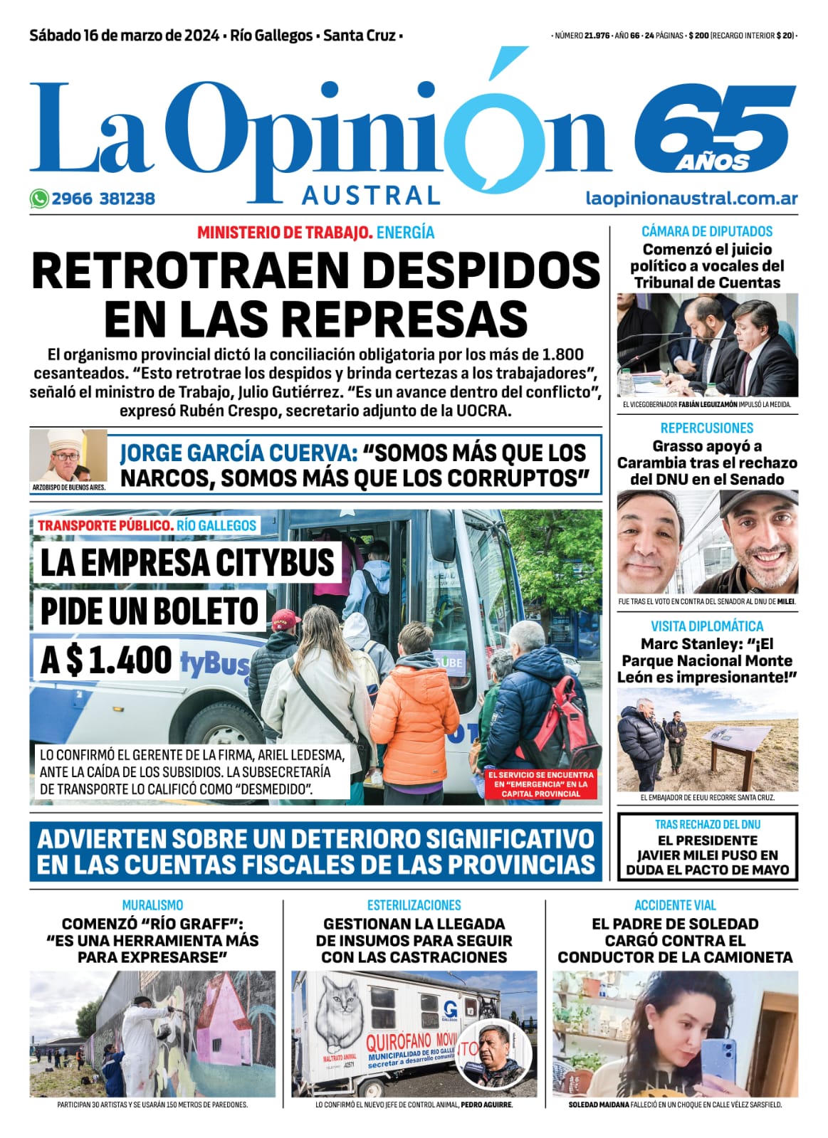 Diario La Opinión Austral tapa edición impresa del sábado 16 de marzo de 2024, Río Gallegos, Santa Cruz, Argentina