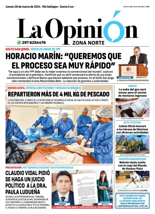 Diario La Opinión Zona Norte tapa edición impresa del jueves 28 de marzo de 2024, Caleta Olivia, Santa Cruz, Argentina
