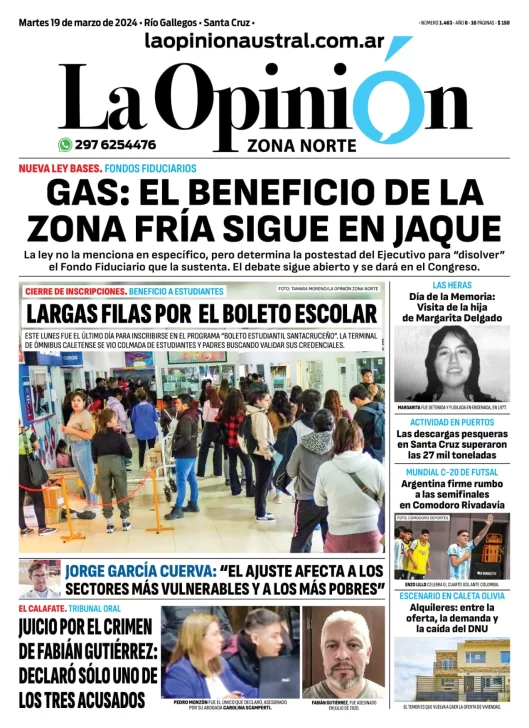 Diario La Opinión Zona Norte tapa edición impresa del martes 19 de marzo de 2024, Caleta Olivia, Santa Cruz, Argentina