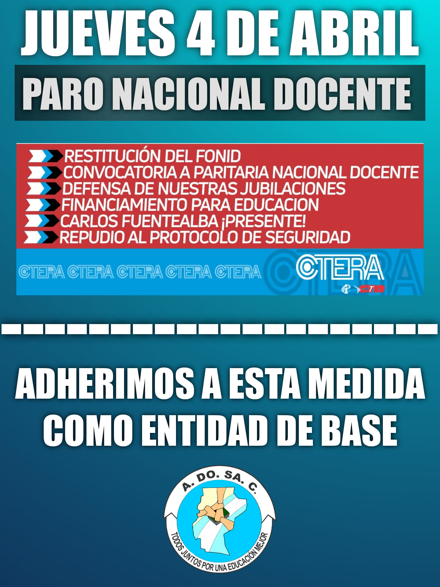 ADOSAC adhirió al paro nacional docente para mañana jueves 4 de abril ...