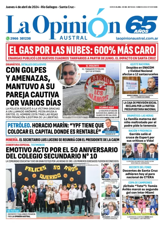 Diario La Opinión Austral tapa edición impresa del jueves 4 de abril de 2024, Río Gallegos, Santa Cruz, Argentina
