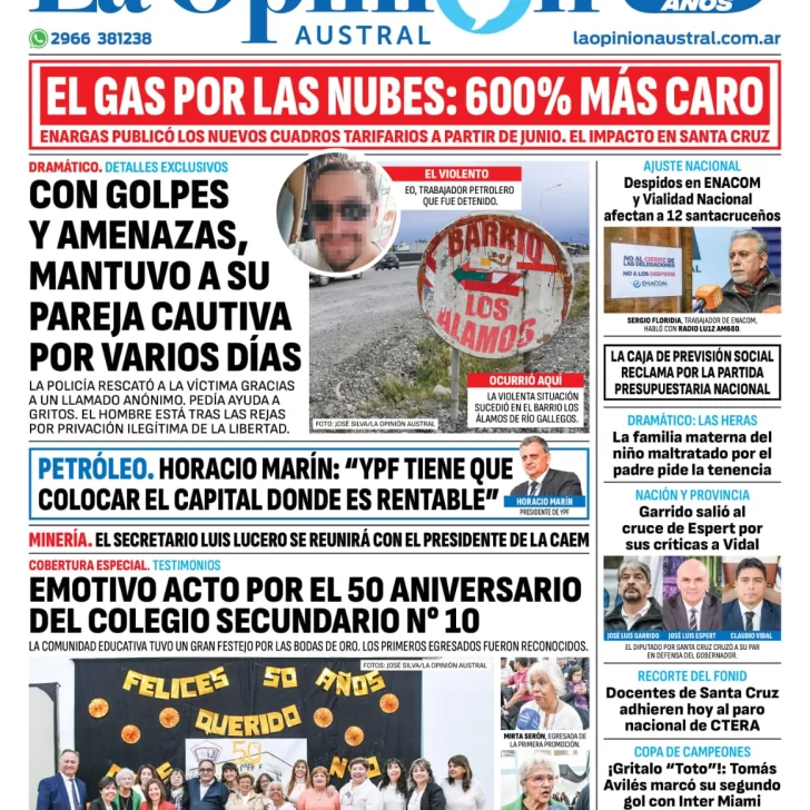 Diario La Opinión Austral tapa edición impresa del jueves 4 de abril de 2024, Río Gallegos, Santa Cruz, Argentina