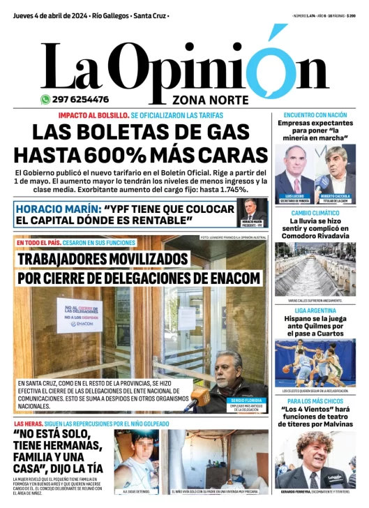 Diario La Opinión Zona Norte tapa edición impresa del jueves 4 de abril de 2024, Caleta Olivia, Santa Cruz, Argentina