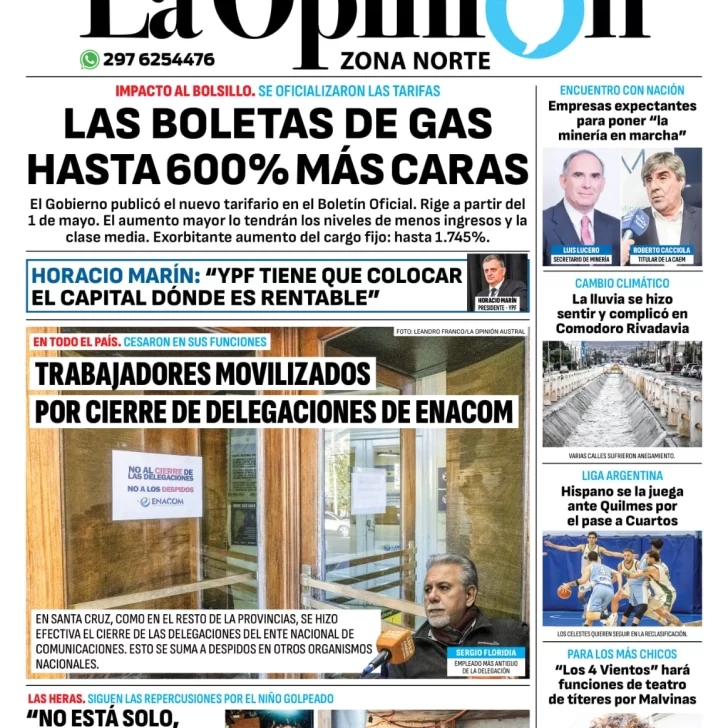 Diario La Opinión Zona Norte tapa edición impresa del jueves 4 de abril de 2024, Caleta Olivia, Santa Cruz, Argentina
