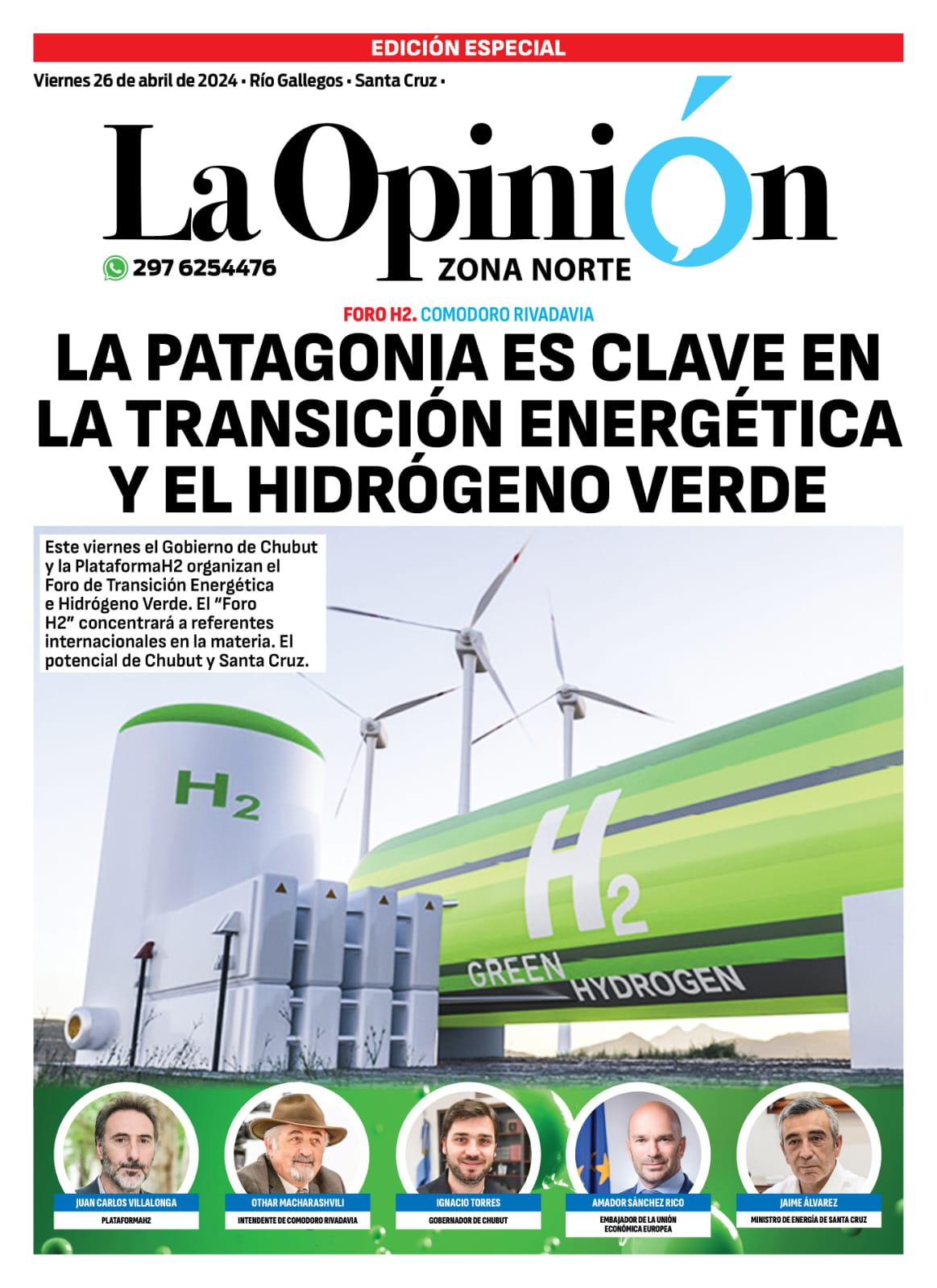 Tapa Especial de La Opinión Austral, la Patagonia es clave en la transición energética y el hidrógeno verde